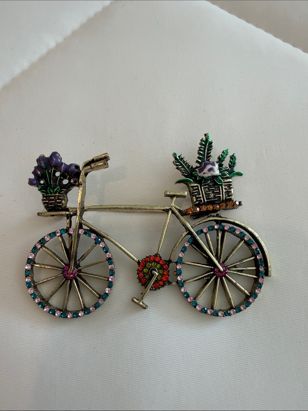 Vintage-Inspired Bicycle Brooch with Purple & Green Enamel Flowers